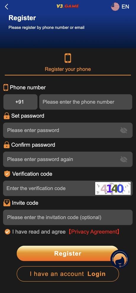 V3 Game app — register screen